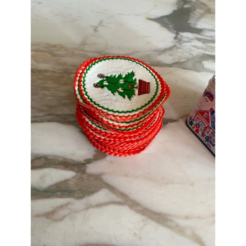 Interpur Coaster Set Blue 1985 Vintage Christmas Village Tin Fabric Coasters